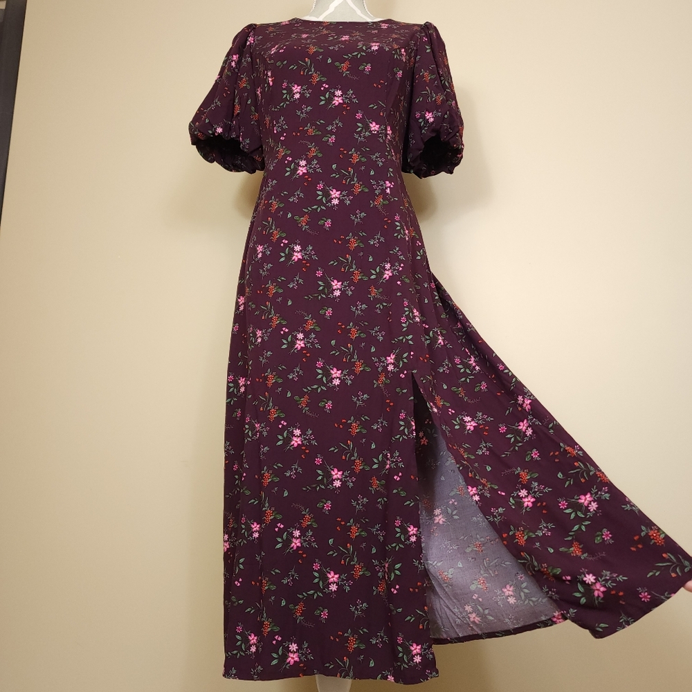 ​NWT Old Navy Floral Maxi Dress Puff Sleeve Cutout Split M Petite Burgundy - Picture 3 of 12